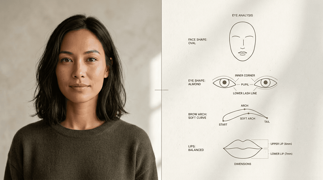 Illustrative portrait beside soft face-shape diagram blocks.