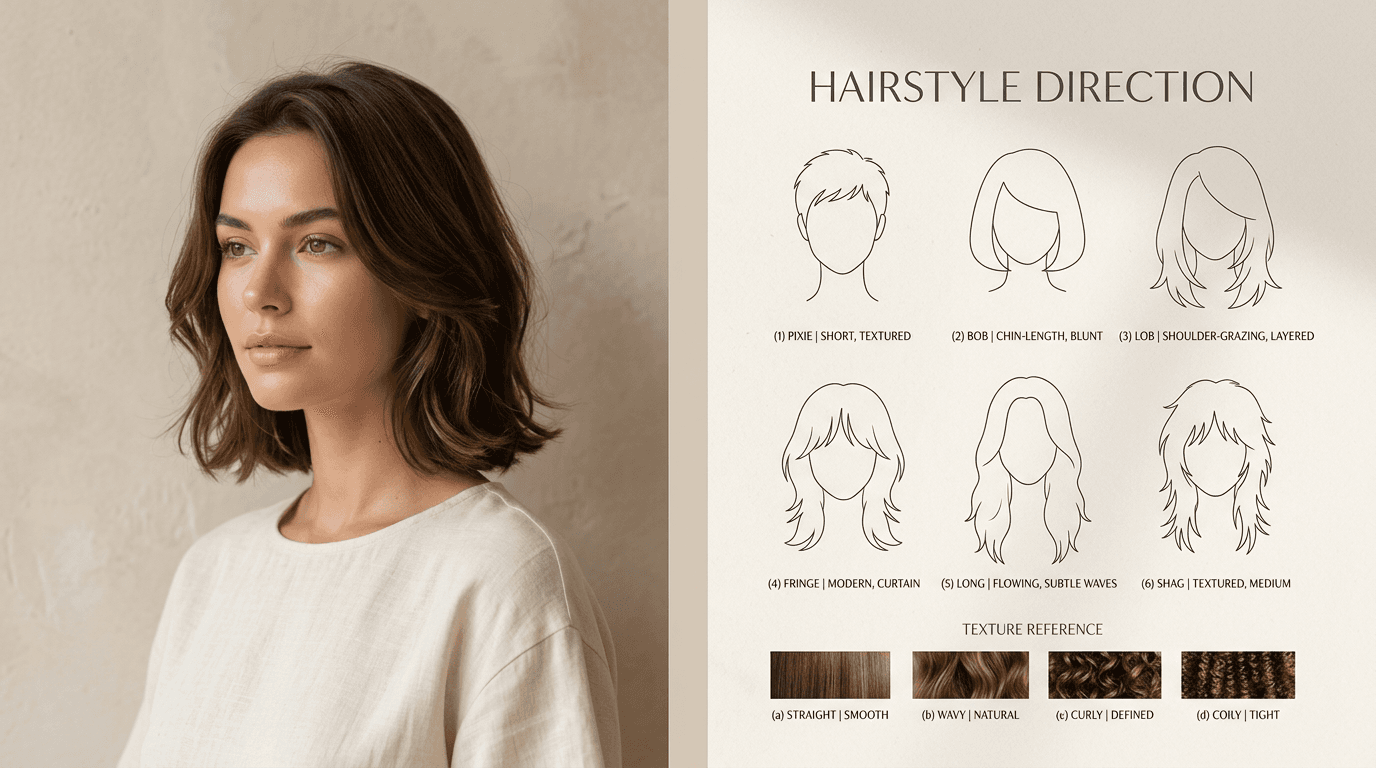 Illustrative portrait beside abstract hair silhouette shapes.