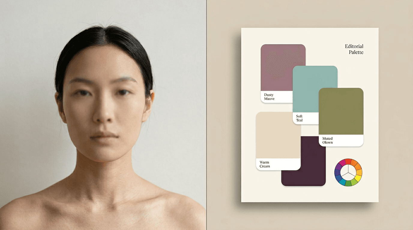 Split layout: a modern portrait on the left and a sample color palette board on the right.