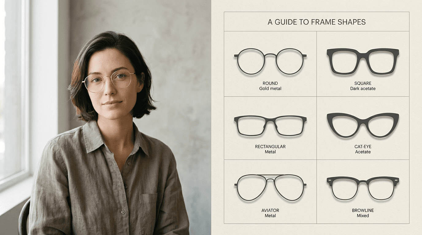 Illustrative portrait beside abstract frame silhouettes.